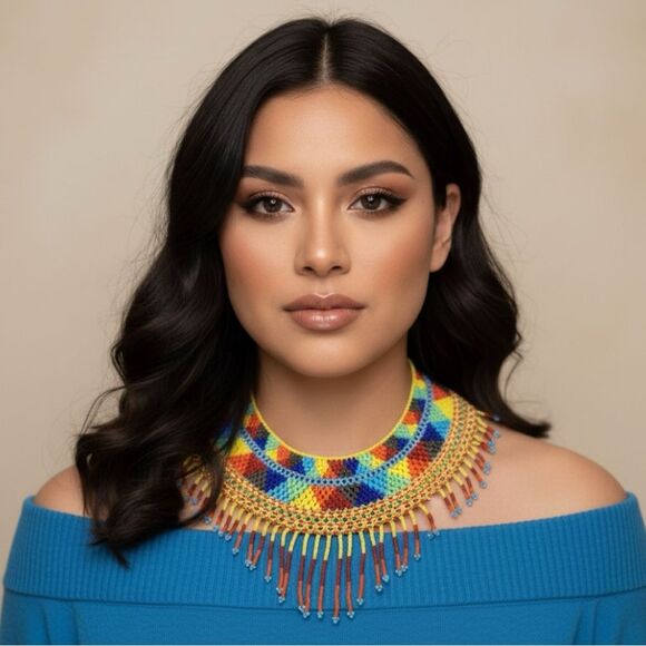 New Beautiful Handmade Colorful Beaded Mexican Collar Necklace - Picture 3 of 7